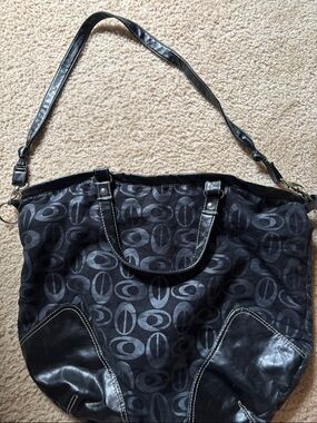 Black Patterned Tote Bag with Leather Accents